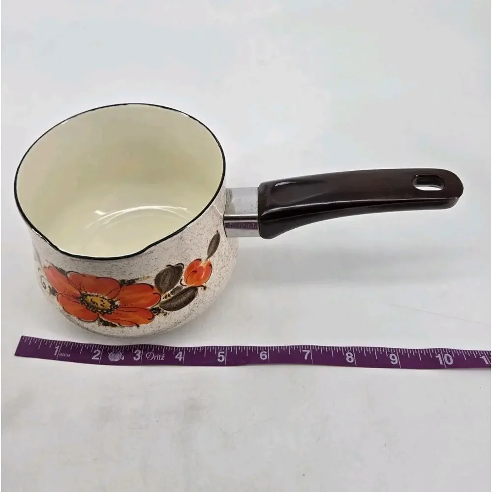 MCM Orange Flower Sanko Ware Pouring Sauce Pan Show Pans Enamel Cookware 1970s